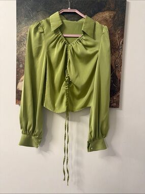 Olive Green Ruched Tie-Front Blouse